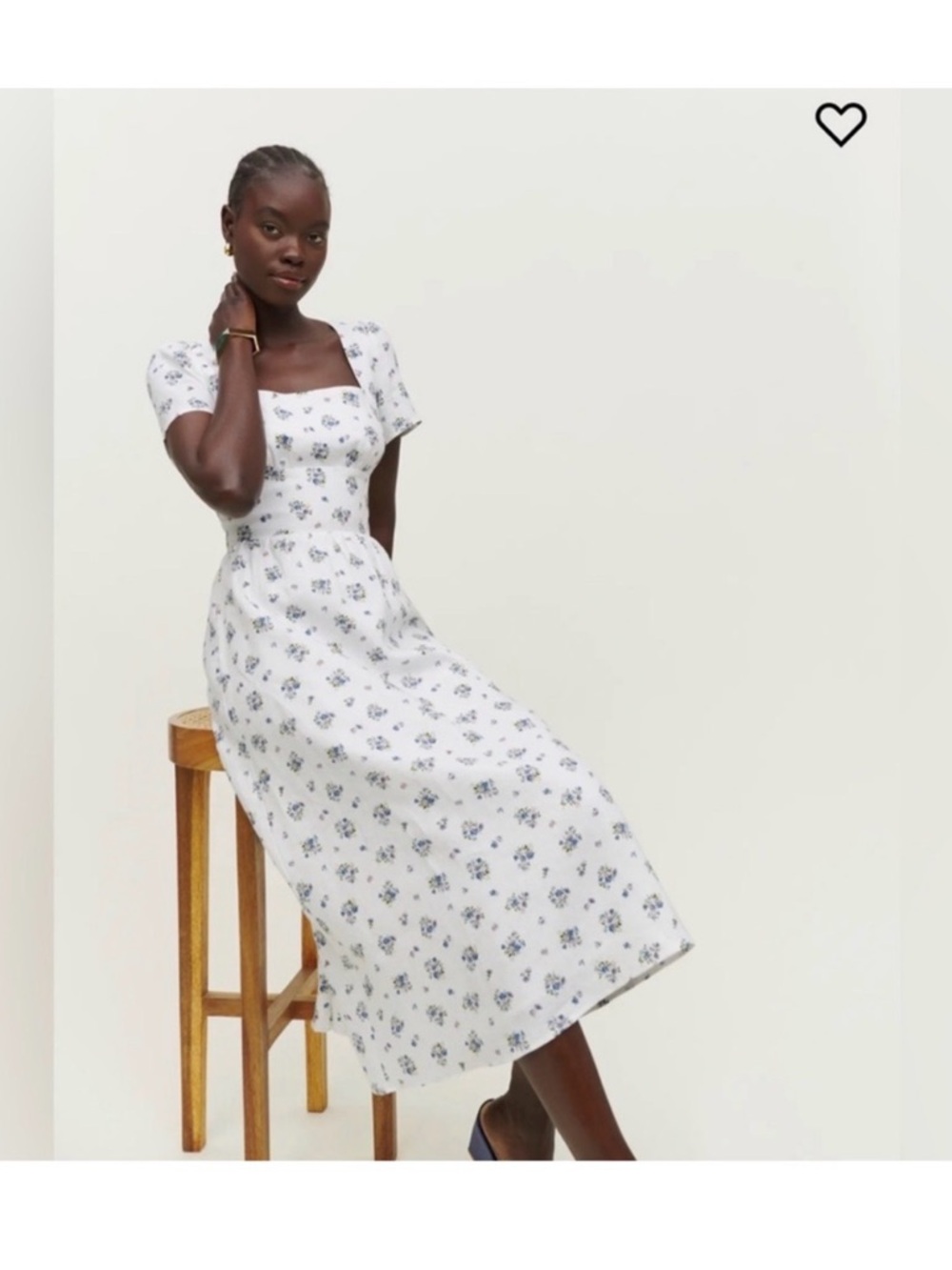 Reformation Pacome linen White Midi Dress with Blue Floral Print